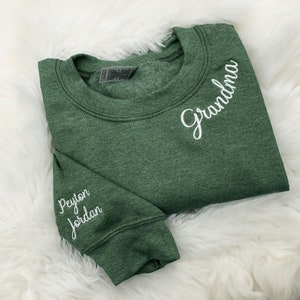 Personalized Grandma Sweatshirt with Kids Names Embroidered Collar, Great Grandma Embroidered Sweatshirt, Mothers Day Gift Ideas for Grandma