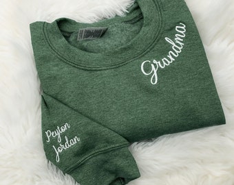 Personalized Grandma Sweatshirt with Kids Names Embroidered Collar, Great Grandma Embroidered Sweatshirt, Mothers Day Gift Ideas for Grandma