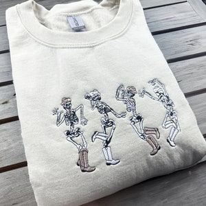 Cowboy Skeletons Sweatshirt Embroidered, Dainty Dancing Skeletons Sweatshirt, Halloween Crewneck, Spooky Season