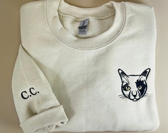 Custom Gifts For Cat Lovers, Cat Portrait Embroidered Crewneck, Custom Pet Sweatshirt with Pets Name
