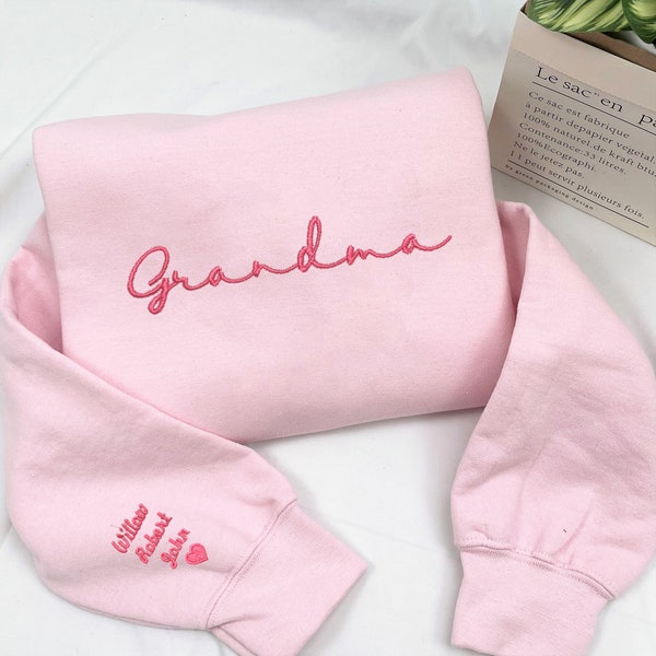 Personalized Grandma Sweatshirt With Grandkids Names Embroidered Sleeve, Custom Grandmother Crewneck, Mother's Day Gifts for Grandma