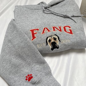 Custom Dog Face Hoodie from Your Photo, Varsity Personalized Embroidered Hoodie with Dog Name, Est Hoodie, Dog Owner Gift Idea
