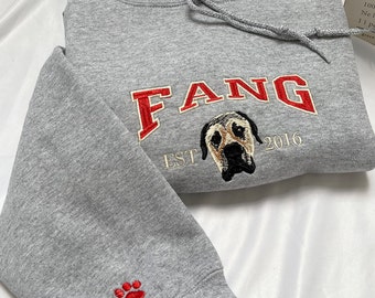 Custom Dog Face Hoodie from Your Photo, Varsity Personalized Embroidered Hoodie with Dog Name, Est Hoodie, Dog Owner Gift Idea