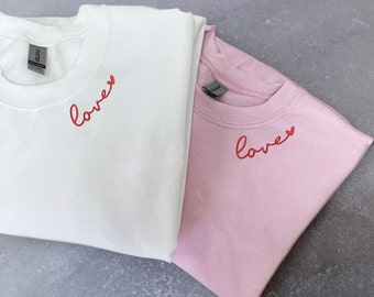 Custom Love Embroidered Collar Sweatshirt, Text on Neckline, Cute Valentines Sweatshirt, Valentines Day Gift