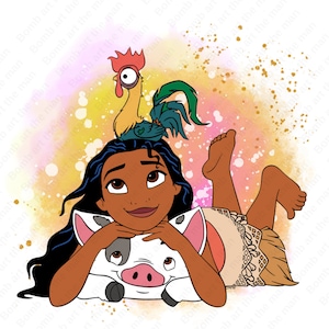 Princess Moana clipart, Moana png, Hei Hei png, Pua Pig png, watercolor background, instant download