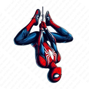 Könnte beinhalten: Illustration von Spider-Man, der kopfüber an einem Netz hängt. Der Superheld wird in einer dynamischen Pose dargestellt und trägt einen rot-blauen Anzug mit einem weißen Spinnenemblem auf der Brust. Das Kunstwerk hat einen Comic-Stil.