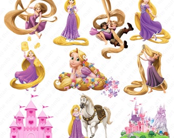 May include: A set of 10 digital clipart images featuring Rapunzel from the Disney movie Tangled. The images include Rapunzel with her long blonde hair, Rapunzel with her hair in a braid, Rapunzel with her hair in a bun, Rapunzel with her hair in a ponytail, Rapunzel with her hair in a flower crown, Rapunzel with her hair in a braid, Rapunzel with her hair in a bun, Rapunzel with her hair in a ponytail, Rapunzel with her hair in a flower crown, and Rapunzel with her hair in a braid.