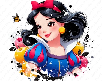 Op de afbeelding: Een cartoonillustratie van Sneeuwwitje, een Disney-prinses, met een rode strik in haar haar, die een blauwe en witte jurk draagt met een rode buste. Ze is omringd door rode en gele appels en een vlinder.