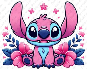 May include: A cartoon blue and pink Stitch character with big eyes and a wide smile, sitting in a floral arrangement of pink flowers with green leaves.