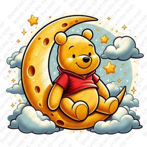 Winnie the Pooh on the Moon clipart, winnie the pooh png, cute bear clipart, transparent design, instant download