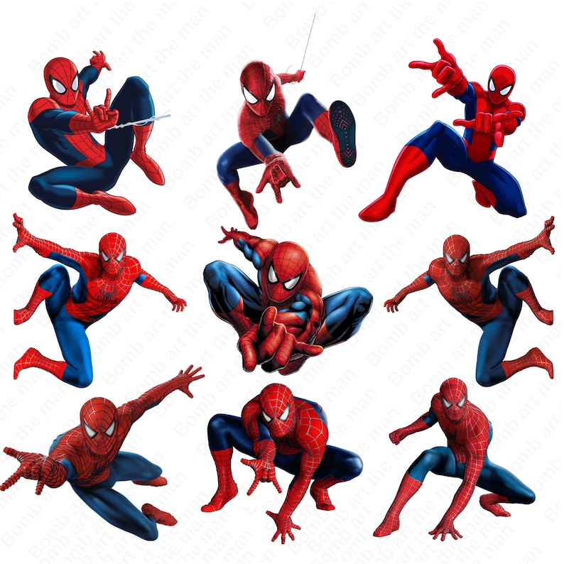May include: Eight different poses of a red and blue superhero, Spiderman, with a web shooter in his hand.