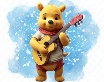 Winnie the Pooh suona clipart di chitarra, carino Winnie the Pooh png, clipart di chitarra, sfondo acquerello, download istantaneo