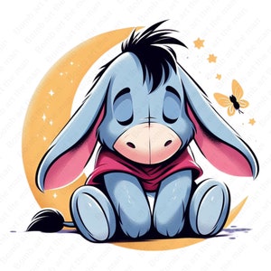 May include: A blue and pink cartoon donkey with closed eyes sits on a yellow crescent moon with a butterfly flying above. The donkey is wearing a red hooded cloak and has black hair.