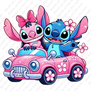 Stitch and Angel clipart, cute Stitch and Angel png, Stitch car clipart, transparent design, instant download