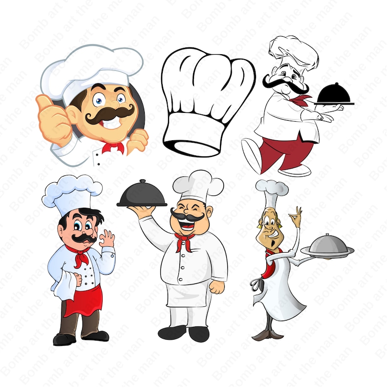 May include: Six cartoon chefs in various poses, including one holding a tray, one giving a thumbs up, and one holding a tray with a cloche. The chefs are wearing white chef hats and jackets, red ties, and black pants.