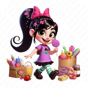 May include: A cartoon girl with long black hair, wearing a purple shirt with a cartoon character on it, green and white striped tights, and black shoes, is walking with a lollipop in her right hand and a brown paper bag in her left hand. The bag is filled with various colorful candies and treats.
