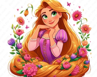 Imágenes prediseñadas de Enredados, imágenes prediseñadas de Enredados, imágenes prediseñadas de Rapunzel, Princesa y flores, descarga instantánea