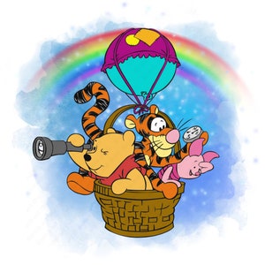 Winnie the pooh on balloon clipart, Watercolor background, Winnie png, tigger png, piglet png, instant download