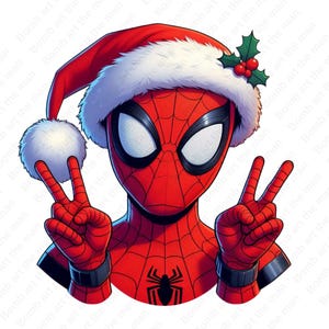 Puede incluir: Una ilustración digital de Spider-Man con un gorro de Papá Noel con un pompón blanco y bayas de acebo. El superhéroe está con su clásico traje rojo y negro, haciendo el signo de la paz con ambas manos. Un emblema de araña negra está en su pecho.