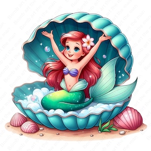 Little Mermaid clipart, Princess ariel png, Little mermaid in seashell clipart, instant download
