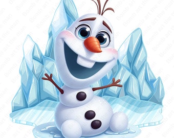 May include: A cartoon snowman with a carrot nose and a big smile, wearing a white hat and sitting on a snowy surface with blue ice crystals in the background.