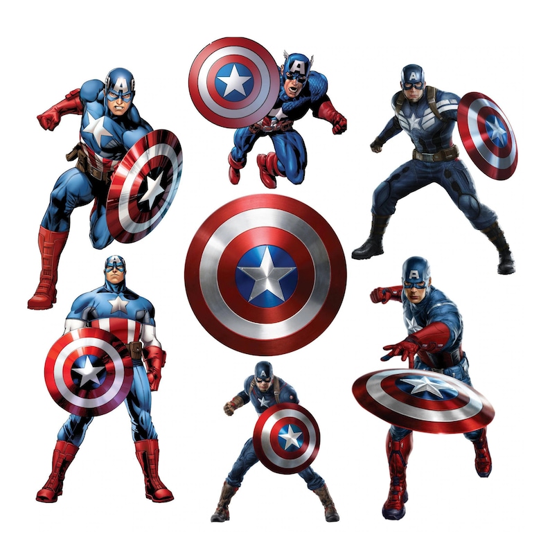 May include: Seven illustrations of Captain America, a superhero from Marvel Comics. Each illustration features Captain America in a different pose, holding his iconic red, white and blue shield.
