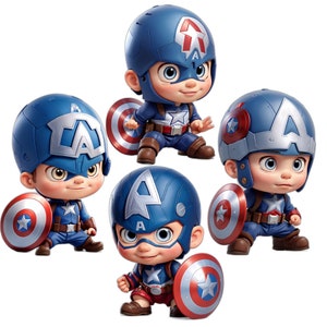 Baby Captain America png, set di clipart di chibi Captain America, baby supereroe png, download immediato