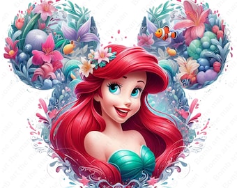 The Little Mermaid clipart, Princess Ariel png, mouse ear design, instant download