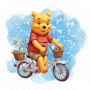 winnie the pooh riding bike clipart, winnie the pooh png, cute bear png, watercolor background, instant download