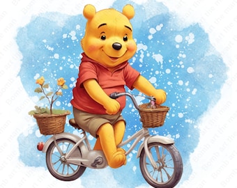 くまのプーさんが自転車に乗っているクリップアート、くまのプーさんのPNG画像、かわいいクマのPNG画像、水彩画風の背景、即時ダウンロード