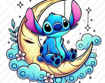 Stitch on the Moon clipart, Stitch png, schattige steek clipart, transparant ontwerp, instant download