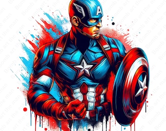 Pode incluir: Uma ilustração digital do Capitão América, um super-herói vestindo um traje azul, vermelho e branco, segurando seu escudo. O fundo é um padrão de respingos vermelho, branco e azul.