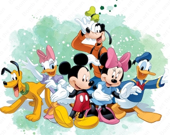 Mickey mouse watercolor background, minnie mouse png, daisy duck png, daffy duck png, goofy png, pluto png, instant download