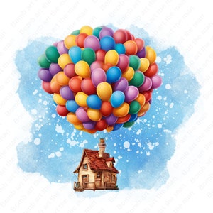 「Up」バルーンハウスのクリップアート、「Up」ムービーのPNG、水彩画の背景、透明画像、即時ダウンロード