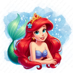 Schattige clipart kleine zeemeermin, prinses Ariel png, de kleine zeemeermin png, aquarel achtergrond, instant download
