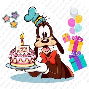 Puede incluir: Ilustración de dibujos animados de Goofy sosteniendo un pastel de cumpleaños con una vela encendida. El pastel tiene glaseado rosa y las palabras "Happy Birthday". También hay globos y regalos envueltos. El personaje lleva un sombrero azul y una pajarita roja.