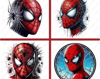 May include: Four illustrations of Spider-Man's head and upper body. Each image features the character in a red and black suit with white eyes. The designs include spiderwebs and spiders, with varying artistic styles and backgrounds.