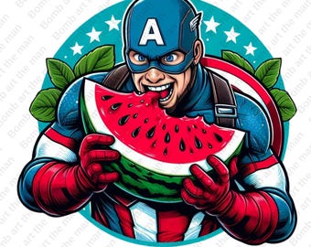 Captain America funny clipart, Captain America eating watermelon, summer clipart, funny hero png, instant download