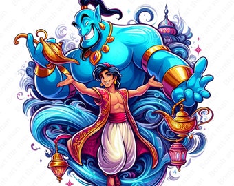 May include: A blue genie with a mischievous grin holds a golden lamp, while a young man in red and gold clothing with a turban flies in the air. The background is a swirling blue pattern with a golden lamp and a small mosque.