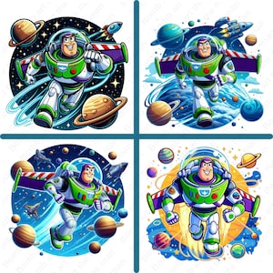 Puede incluir: Cuatro imágenes de dibujos animados coloridos de Buzz Lightyear en un entorno espacial. Cada imagen presenta a Buzz en su traje espacial verde, blanco y morado, con planetas, estrellas y cohetes de fondo. Las ilustraciones tienen un estilo dinámico.