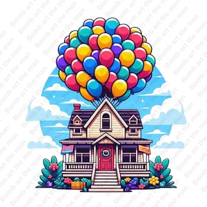 「Up」バルーンハウスのクリップアート、映画「Up」のPNG、水彩画の背景、透明画像、即時ダウンロード