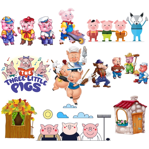 Les trois petits cochons clipart ensemble, trois petits cochons png, téléchargement immédiat