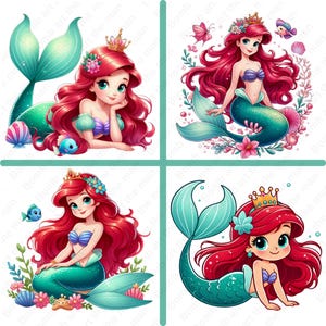 Little Mermaid cute clipart, Princess Ariel png bundle, The Little Mermaid png bundle, 4 Pack design