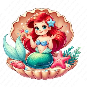 Little Mermaid clipart, Princess Ariel png, Little Mermaid in seashell clipart, instant download