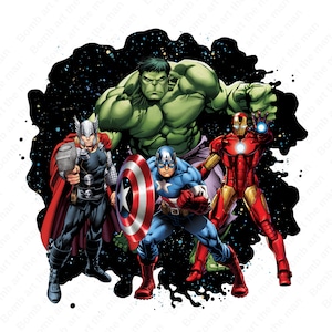 May include: A group of four superheroes, including Hulk, Thor, Captain America, and Iron Man, are standing in front of a black and white galaxy background. Hulk is green and has a serious expression. Thor is wearing a red cape and holding a hammer. Captain America is wearing a red, white, and blue costume and holding a shield. Iron Man is wearing a red and gold suit of armor.