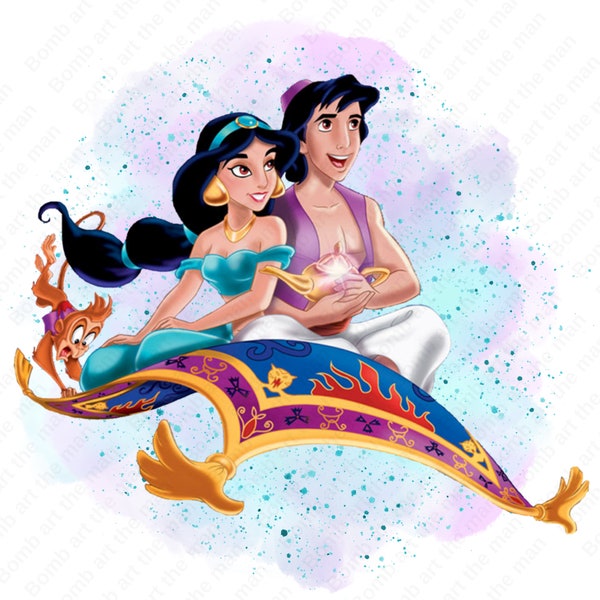 Aladdin and princess jasmine png, watercolor background, princess jasmine clipart, aladdin clipart, instant download