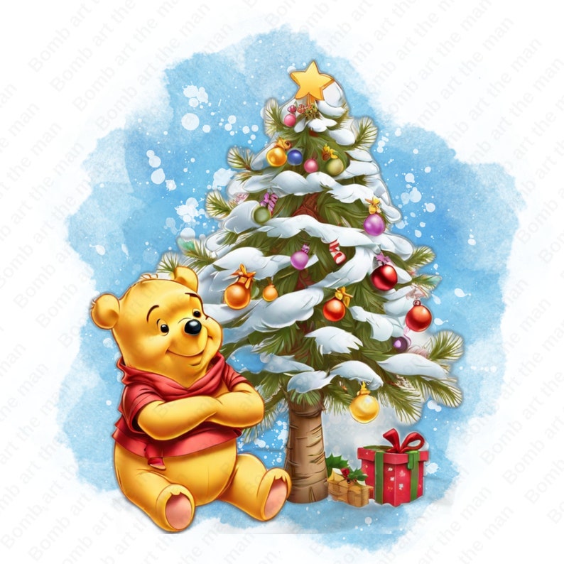 May include: Winnie the Pooh, a yellow bear with a red shirt, sits with his arms crossed, looking at a snow-covered Christmas tree decorated with colorful ornaments and a red bow.
