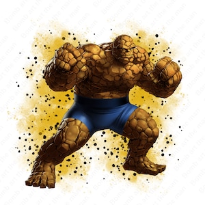 May include: A digital illustration of a brown and orange rocky humanoid figure with a blue wrestling-style brief. The figure is posed in a fighting stance with fists clenched. The background is a yellow watercolor splatter.