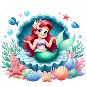 little mermaid clipart, princess ariel png, little mermaid in seashell clipart, instant download