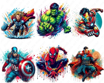Super Heroes png bundle, Hulk, Spiderman, Thor, Captain America, İron man, Hero Splash design, instant download